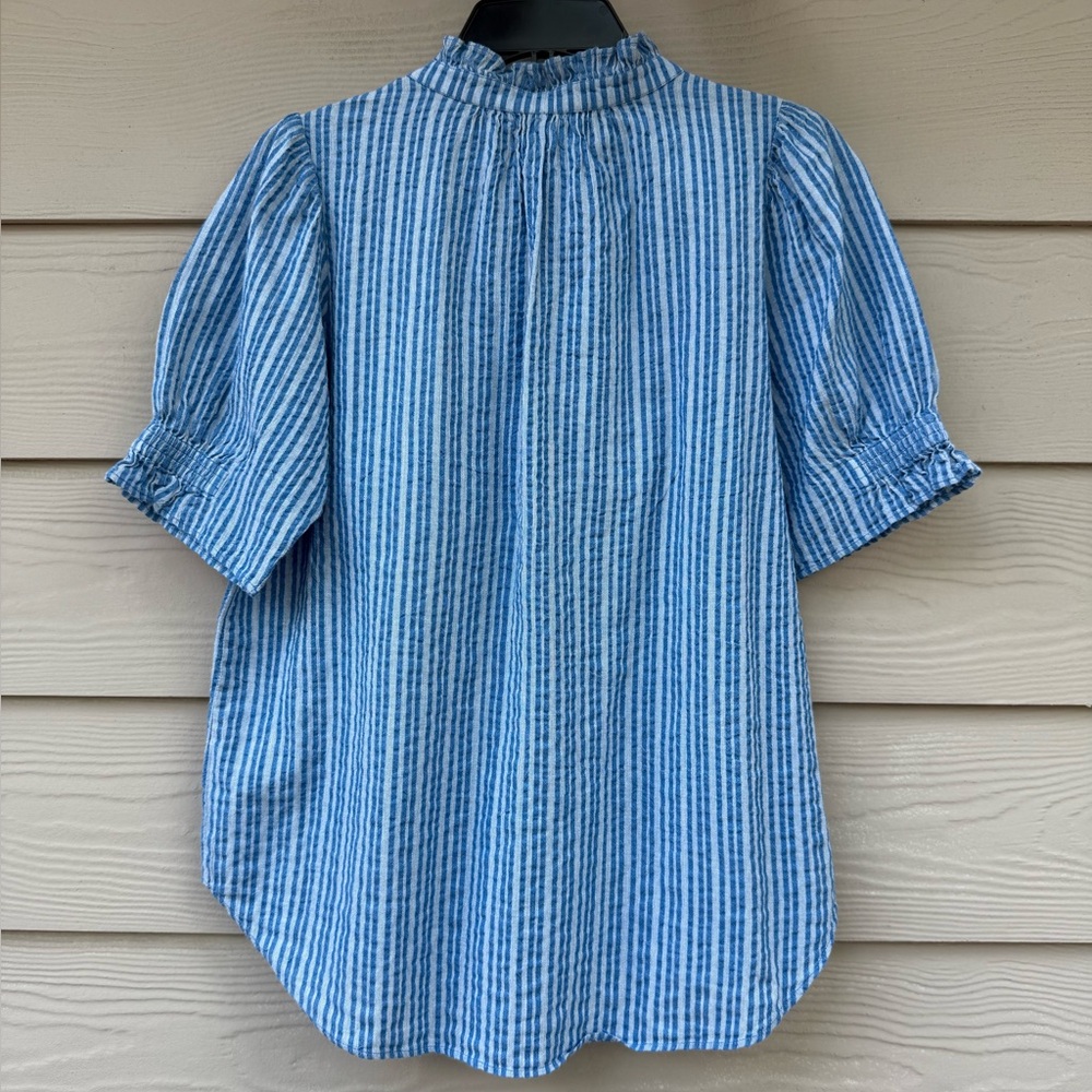 Apiece Apart Los Altos Top Blue Seersucker Stripe Puff Sleeve Henley - Picture 13 of 13